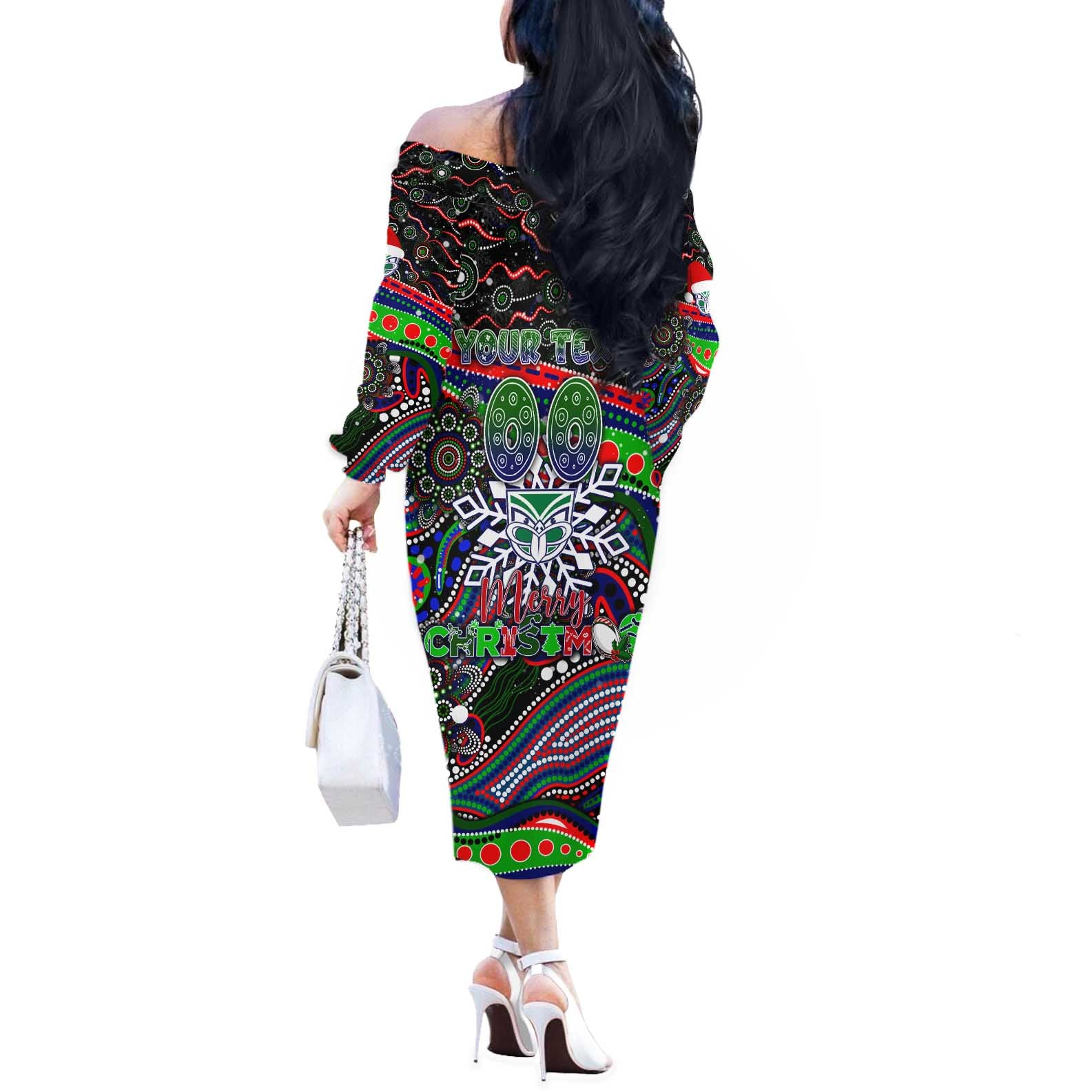 Merry Christmas New Zealand Warriors Off The Shoulder Long Sleeve Dress Aboriginal Santa Rugby Mascot