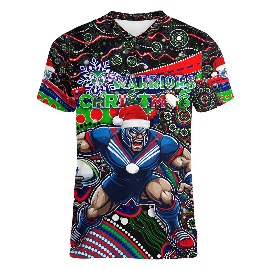 Merry Christmas New Zealand Warriors Women V-Neck T-Shirt Aboriginal Santa Rugby Mascot - Vibe Hoodie Shop