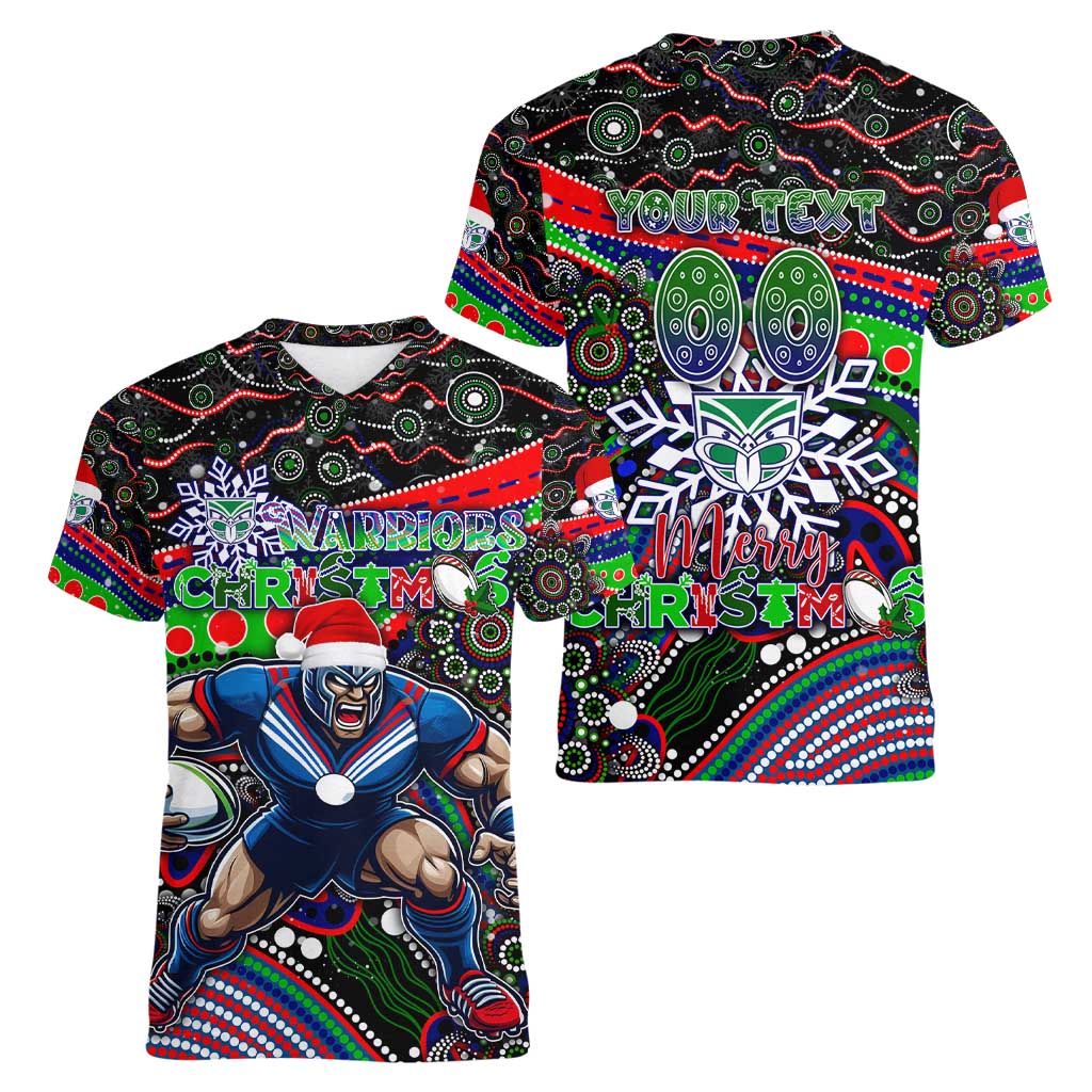 Merry Christmas New Zealand Warriors Women V-Neck T-Shirt Aboriginal Santa Rugby Mascot - Vibe Hoodie Shop