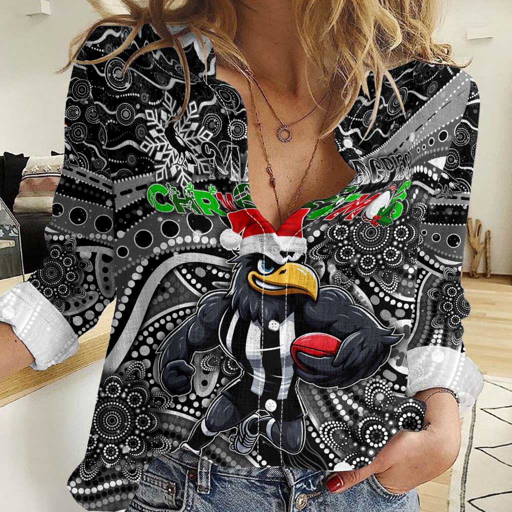 Merry Christmas AFL Collingwood Magpies Women Casual Shirt Aboriginal Santa Football Mascot - Vibe Hoodie Shop