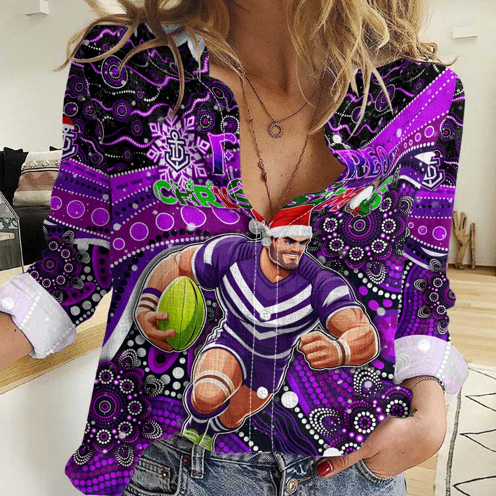 Merry Christmas AFL Fremantle Freo Women Casual Shirt Aboriginal Santa Football Mascot - Vibe Hoodie Shop