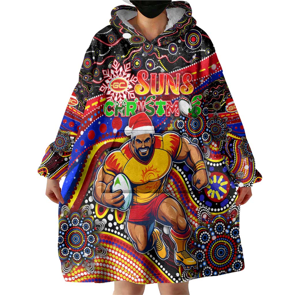 Merry Christmas AFL Gold Coast Suns Wearable Blanket Hoodie Aboriginal Santa Football Mascot - Vibe Hoodie Shop