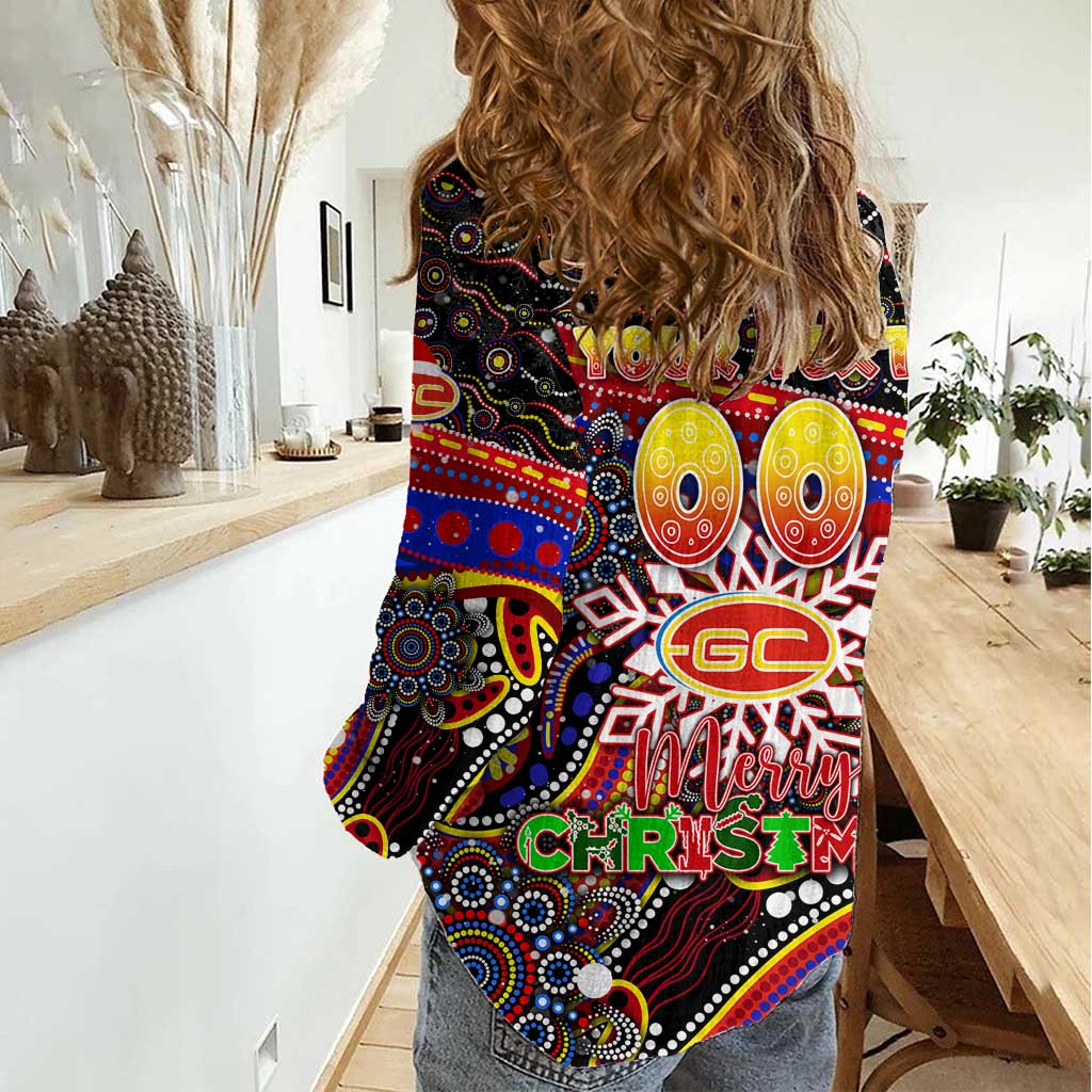 Merry Christmas AFL Gold Coast Suns Women Casual Shirt Aboriginal Santa Football Mascot - Vibe Hoodie Shop