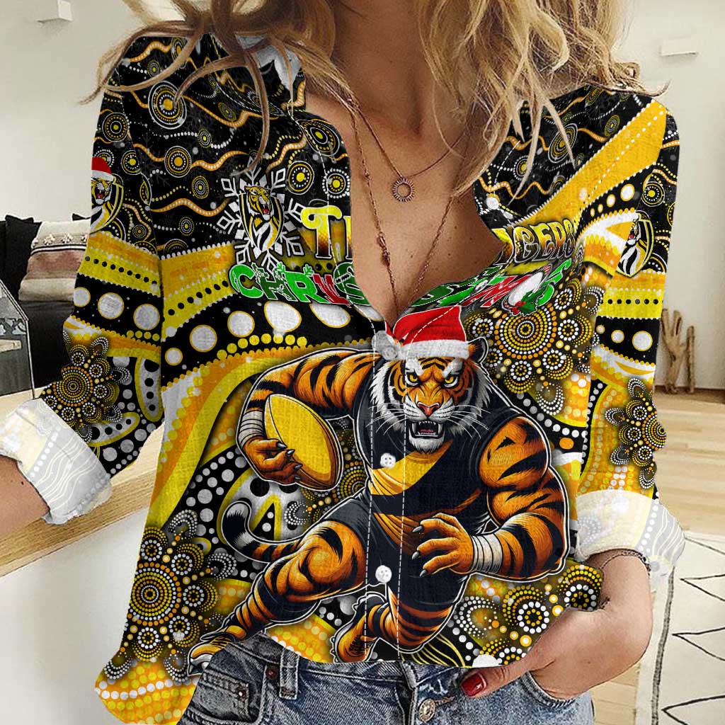 Merry Christmas AFL Richmond Tigers Women Casual Shirt Aboriginal Santa Football Mascot - Vibe Hoodie Shop