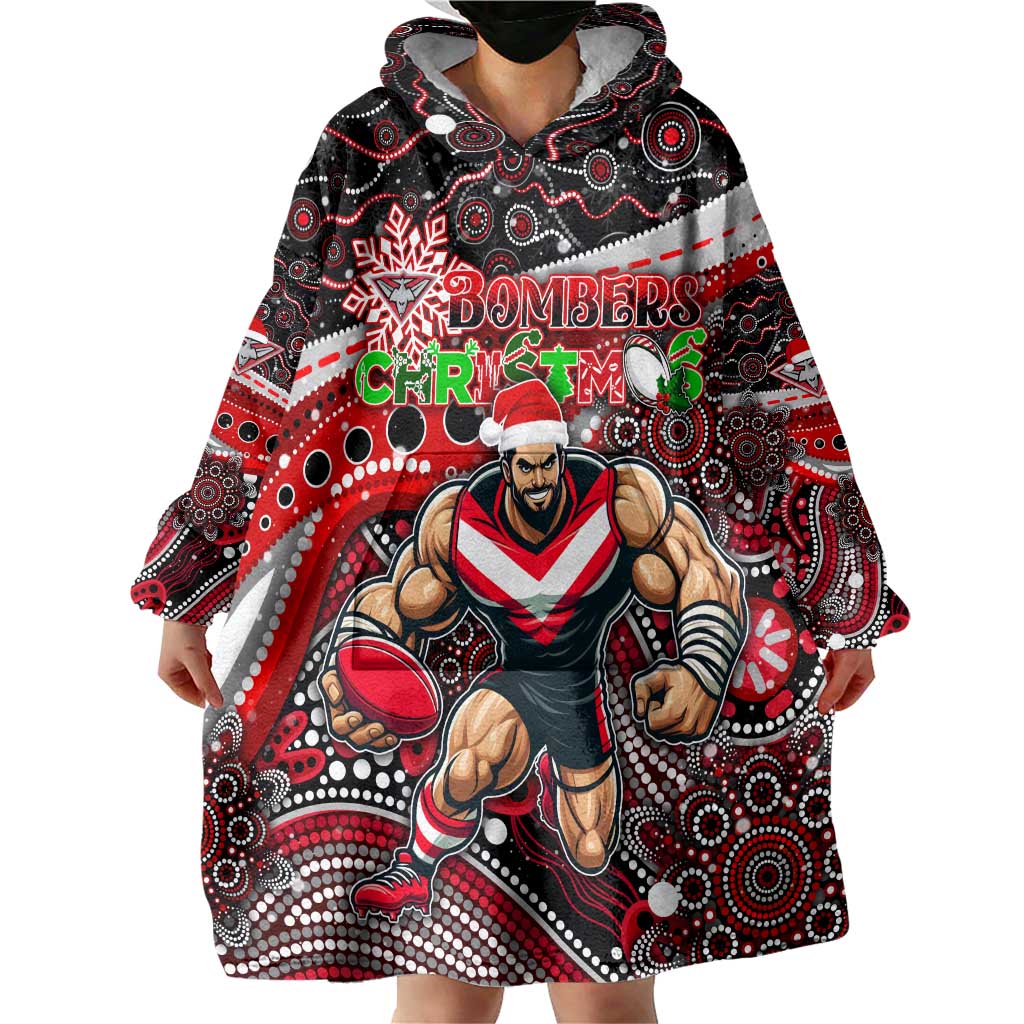 Merry Christmas AFL Bombers Wearable Blanket Hoodie Aboriginal Santa Football Mascot - Vibe Hoodie Shop