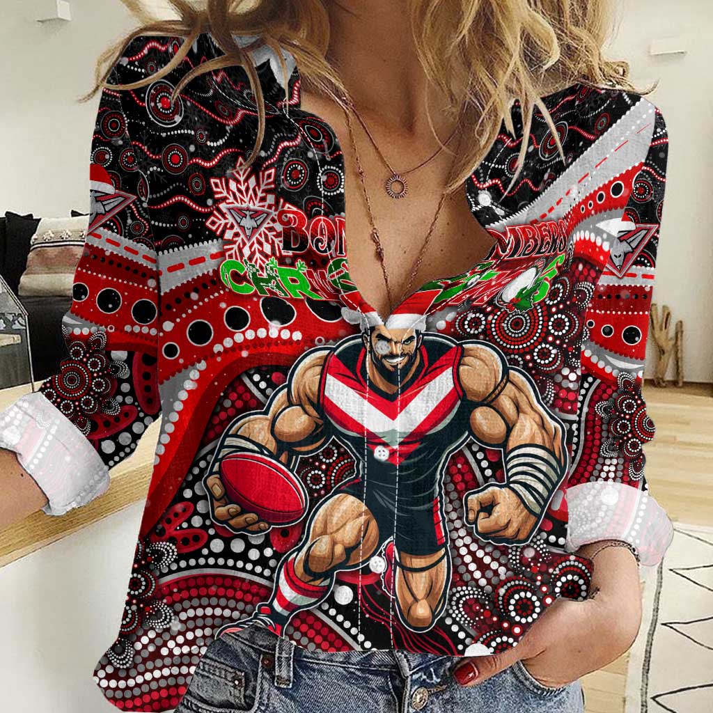 Merry Christmas AFL Bombers Women Casual Shirt Aboriginal Santa Football Mascot - Vibe Hoodie Shop