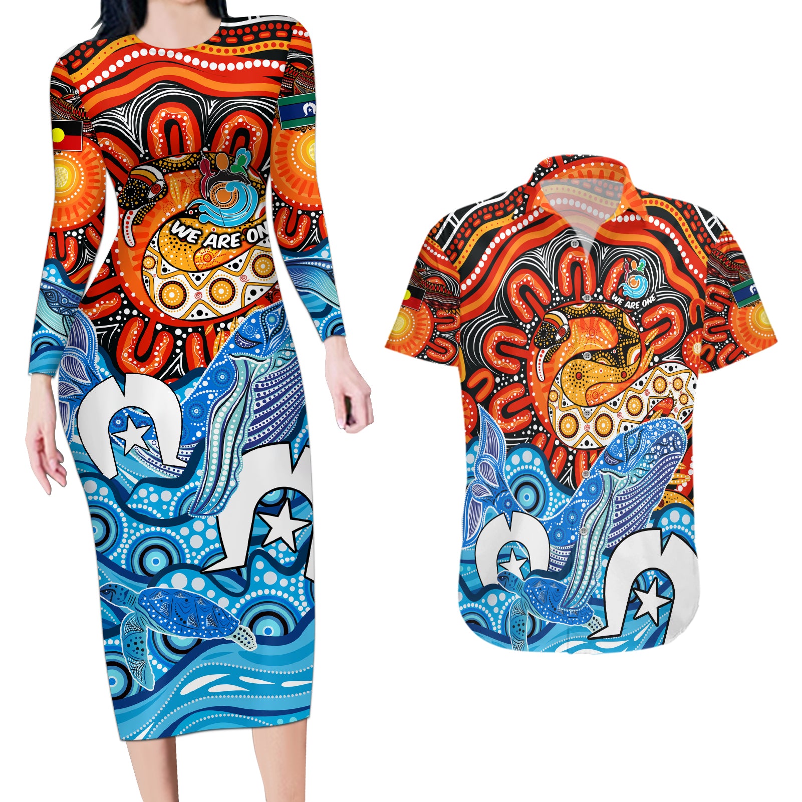 aboriginal-and-torres-strait-islands-couples-matching-long-sleeve-bodycon-dress-and-hawaiian-shirt-we-are-one