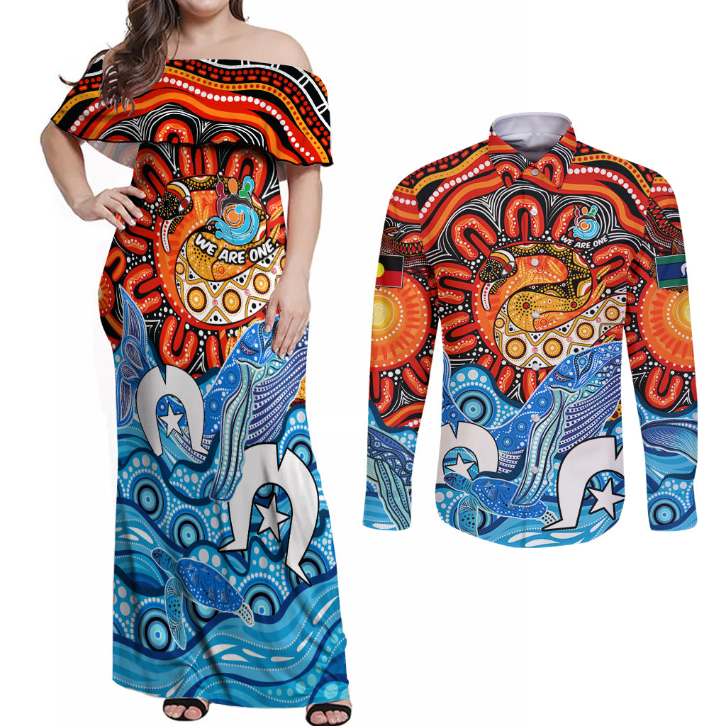 aboriginal-and-torres-strait-islands-couples-matching-off-shoulder-maxi-dress-and-long-sleeve-button-shirt-we-are-one