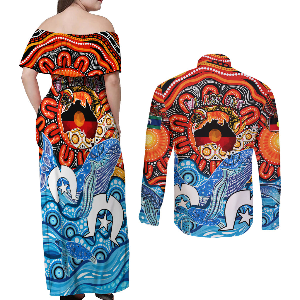 aboriginal-and-torres-strait-islands-couples-matching-off-shoulder-maxi-dress-and-long-sleeve-button-shirt-we-are-one