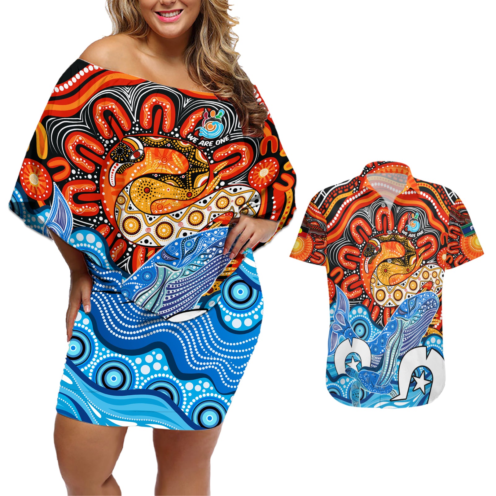 aboriginal-and-torres-strait-islands-couples-matching-off-shoulder-short-dress-and-hawaiian-shirt-we-are-one