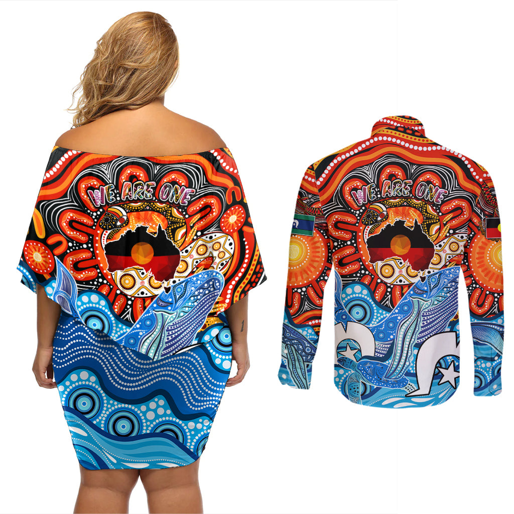 aboriginal-and-torres-strait-islands-couples-matching-off-shoulder-short-dress-and-long-sleeve-button-shirt-we-are-one