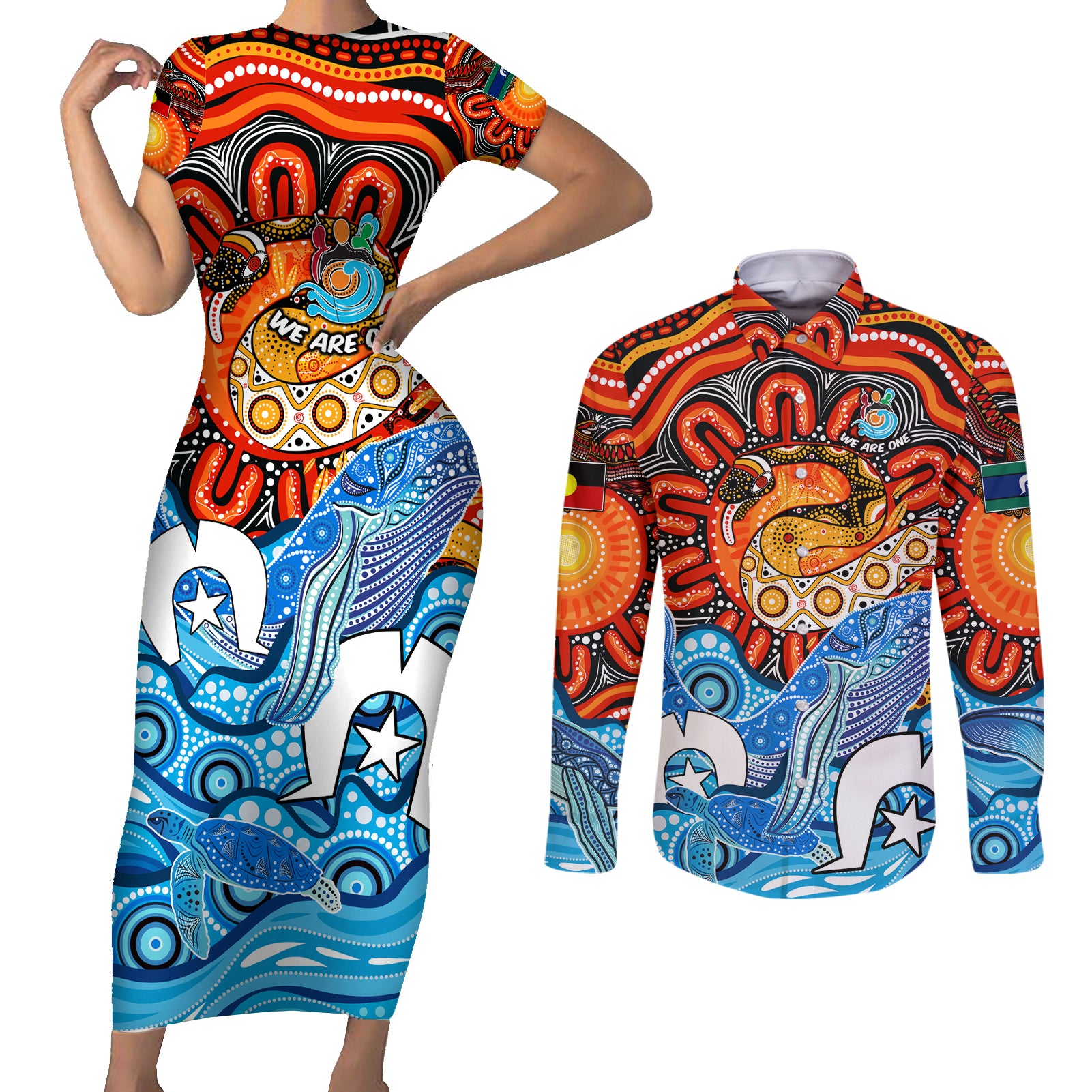 aboriginal-and-torres-strait-islands-couples-matching-short-sleeve-bodycon-dress-and-long-sleeve-button-shirt-we-are-one