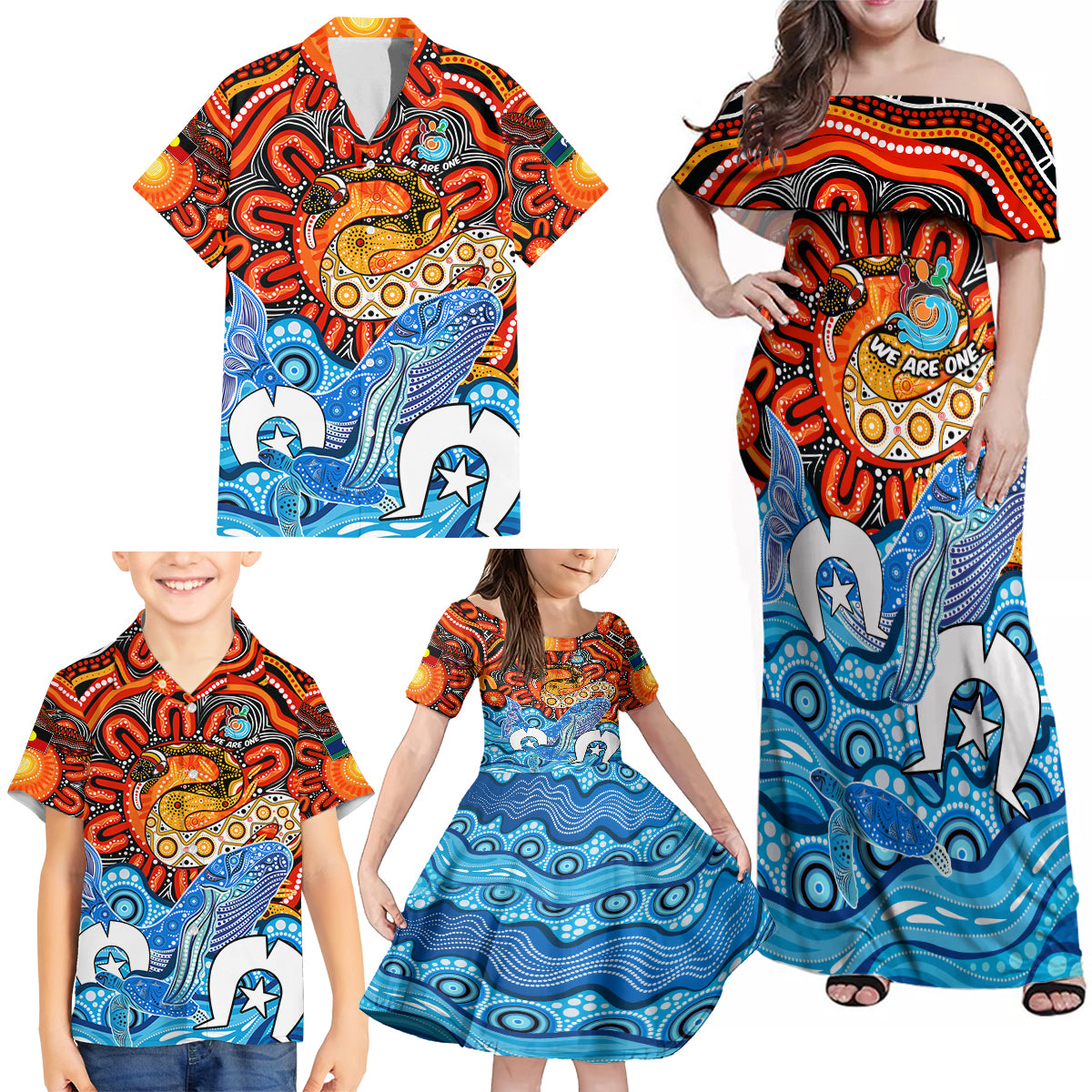 aboriginal-and-torres-strait-islands-family-matching-off-shoulder-maxi-dress-and-hawaiian-shirt-we-are-one