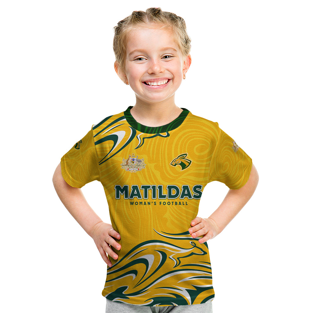 Personalised Australia Soccer Matildas Kid T Shirt Kangaroo Tornado Yellow - Vibe Hoodie Shop