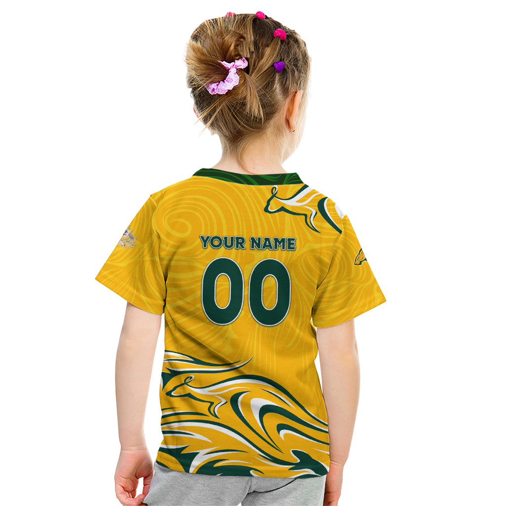 Personalised Australia Soccer Matildas Kid T Shirt Kangaroo Tornado Yellow - Vibe Hoodie Shop