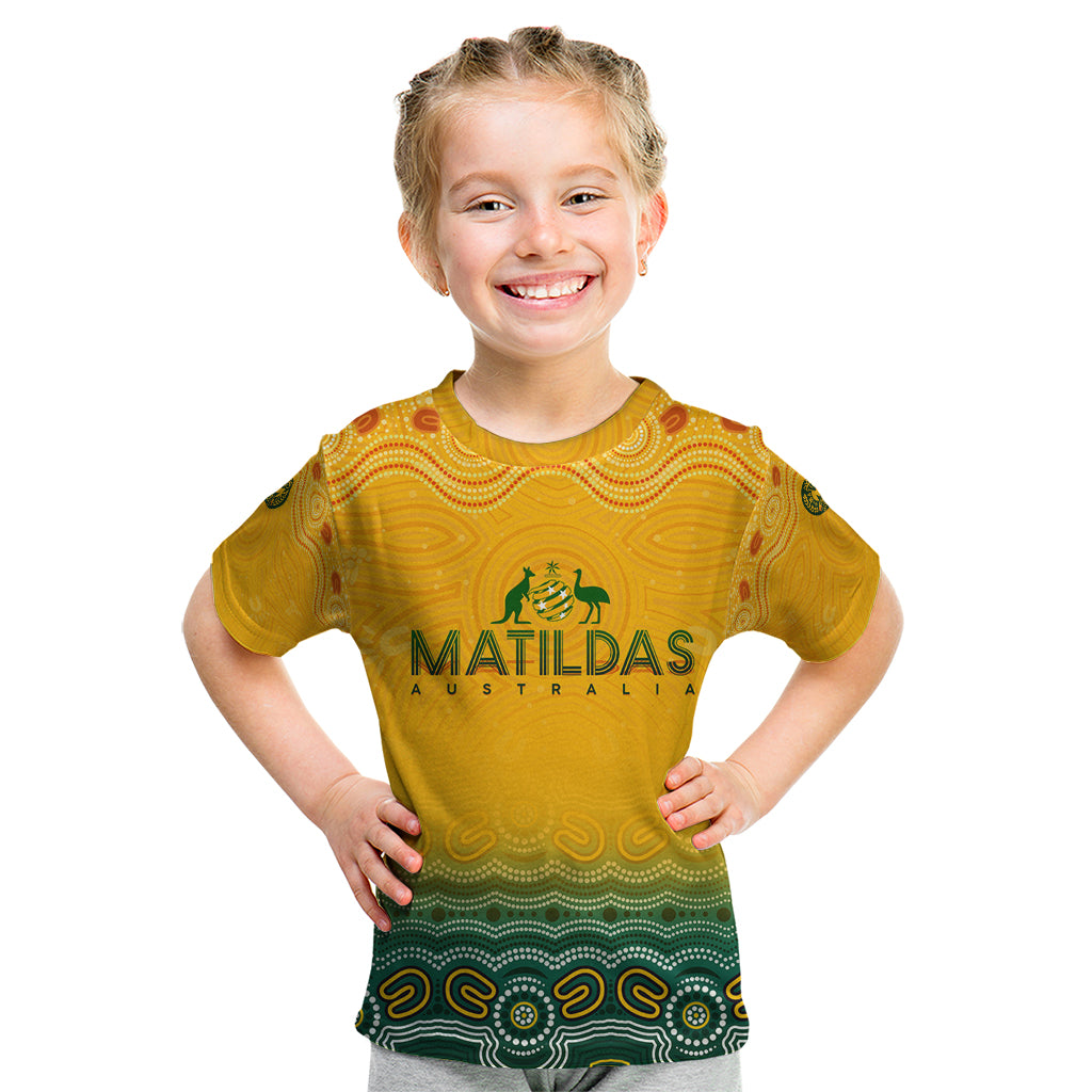 Personalised Australia Matildas Kid T Shirt Tillies Aboriginal Simple Yellow - Vibe Hoodie Shop