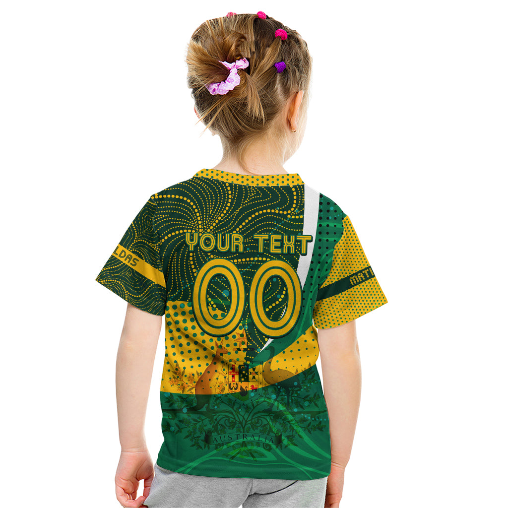 Personalised Matildas Australia Soccer Kid T Shirt Aboriginal Dot Painting - Vibe Hoodie Shop