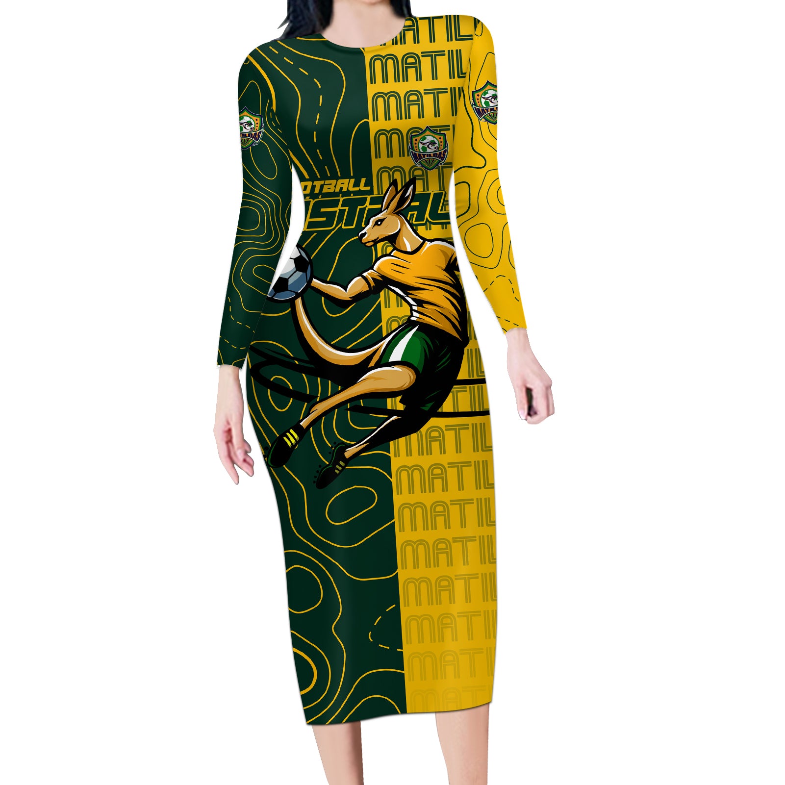 Personalised Matildas Mascot Long Sleeve Bodycon Dress Australia Football Topographic