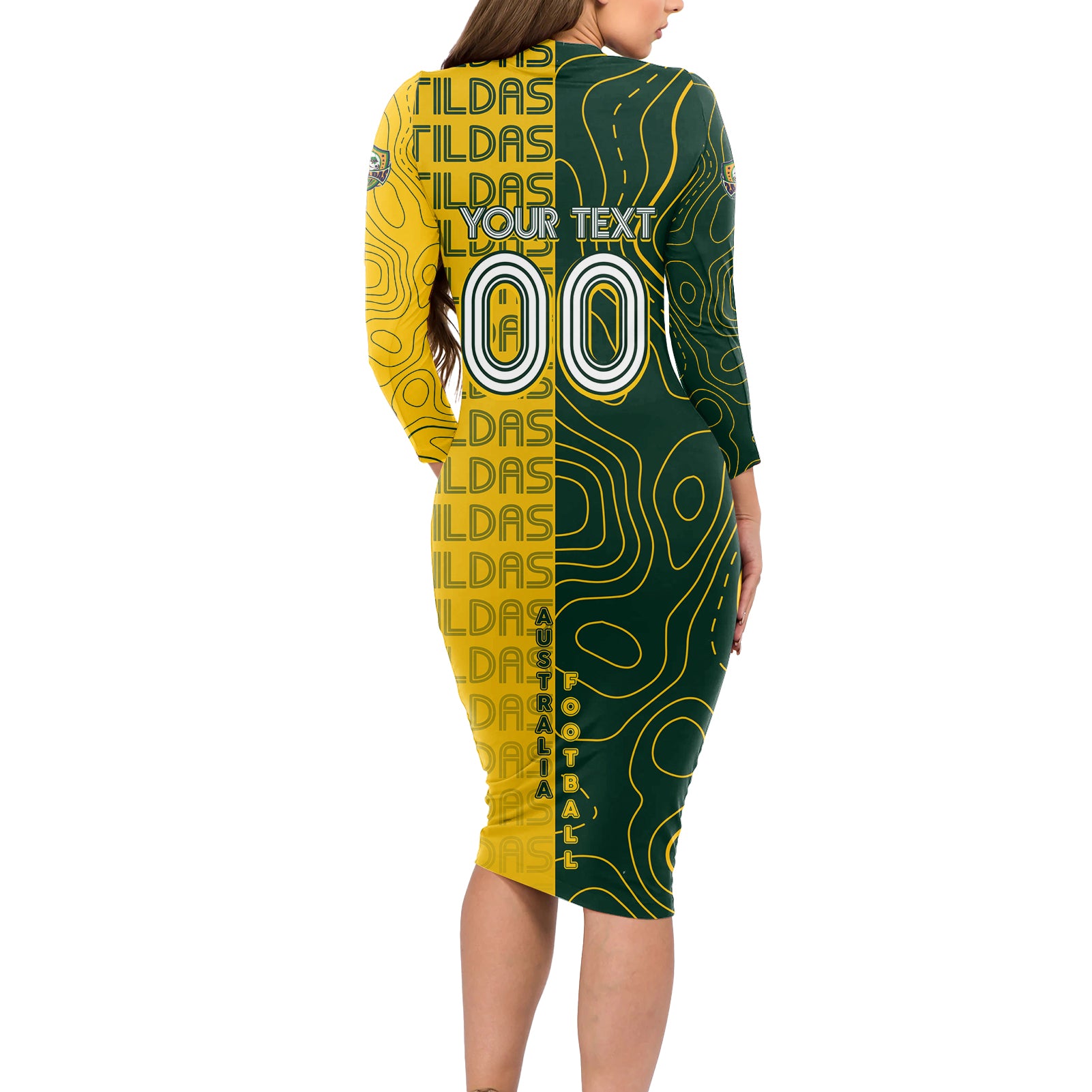 Personalised Matildas Mascot Long Sleeve Bodycon Dress Australia Football Topographic