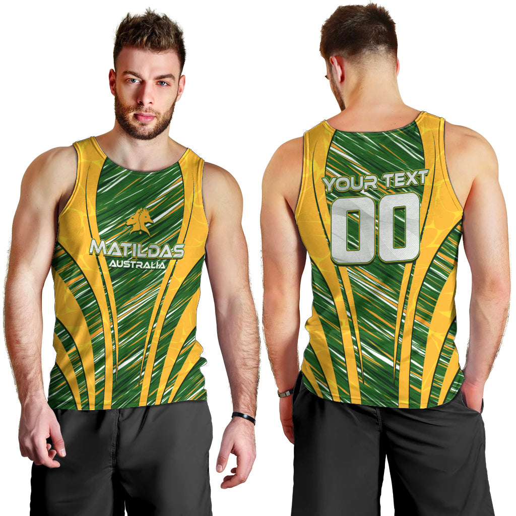 Personalised Australia Matildas Men Tank Top Abstract Line - Vibe Hoodie Shop