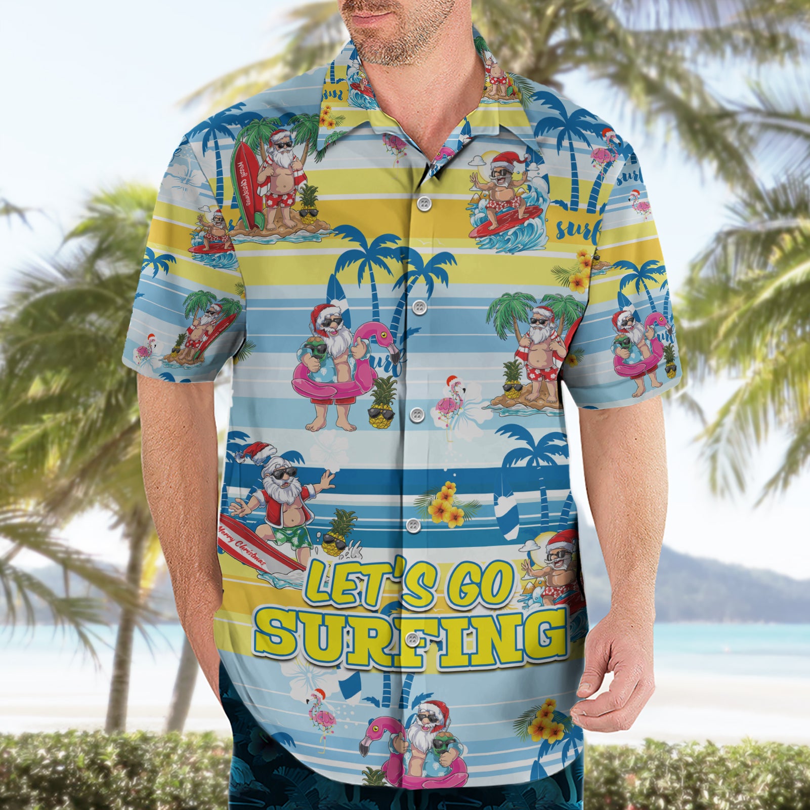 Surfing Christmas Hawaiian Shirt Tropical Santa Let's Go Surfing - Vibe Hoodie Shop