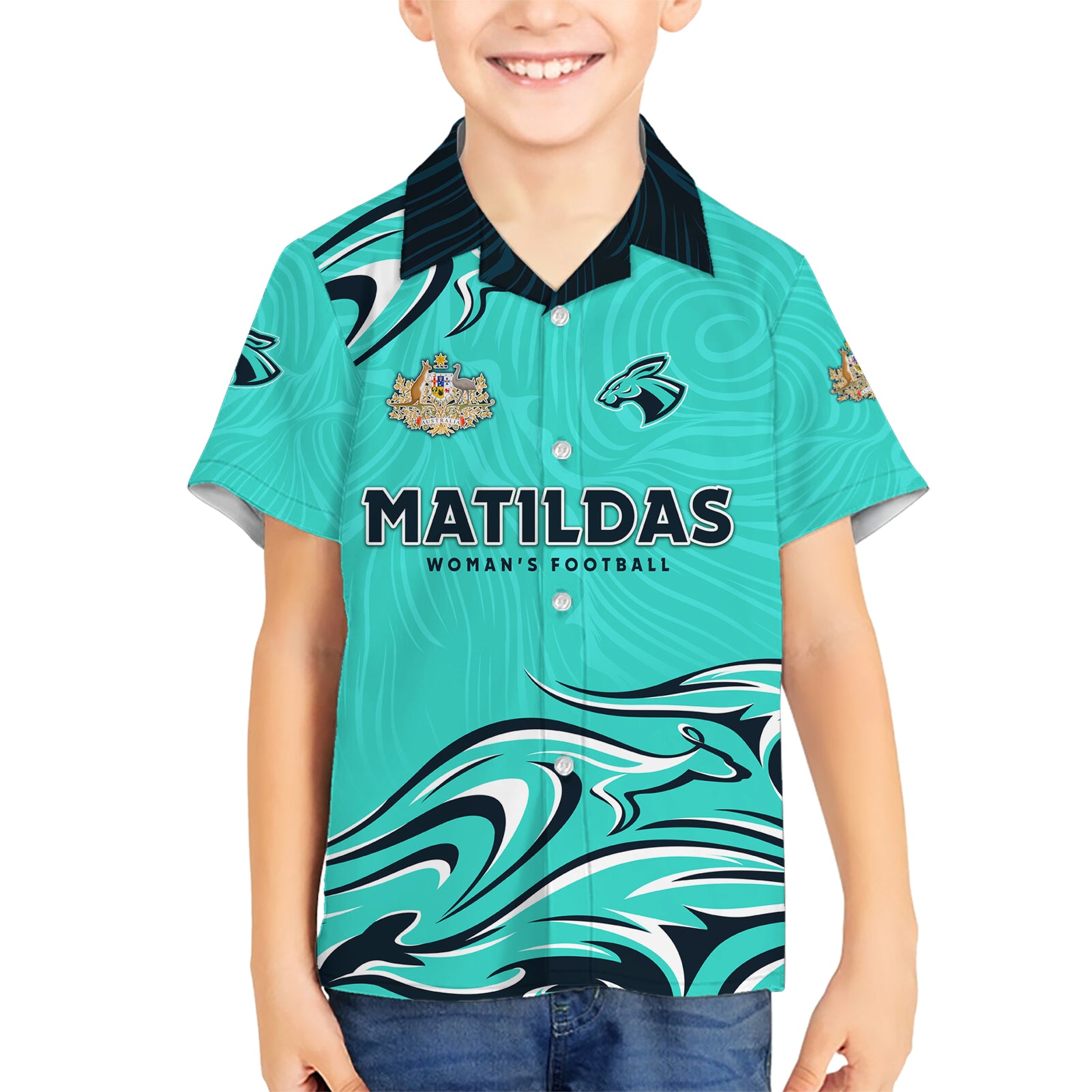 Personalised Australia Soccer Matildas Hawaiian Shirt Kangaroo Tornado Turquoise - Vibe Hoodie Shop