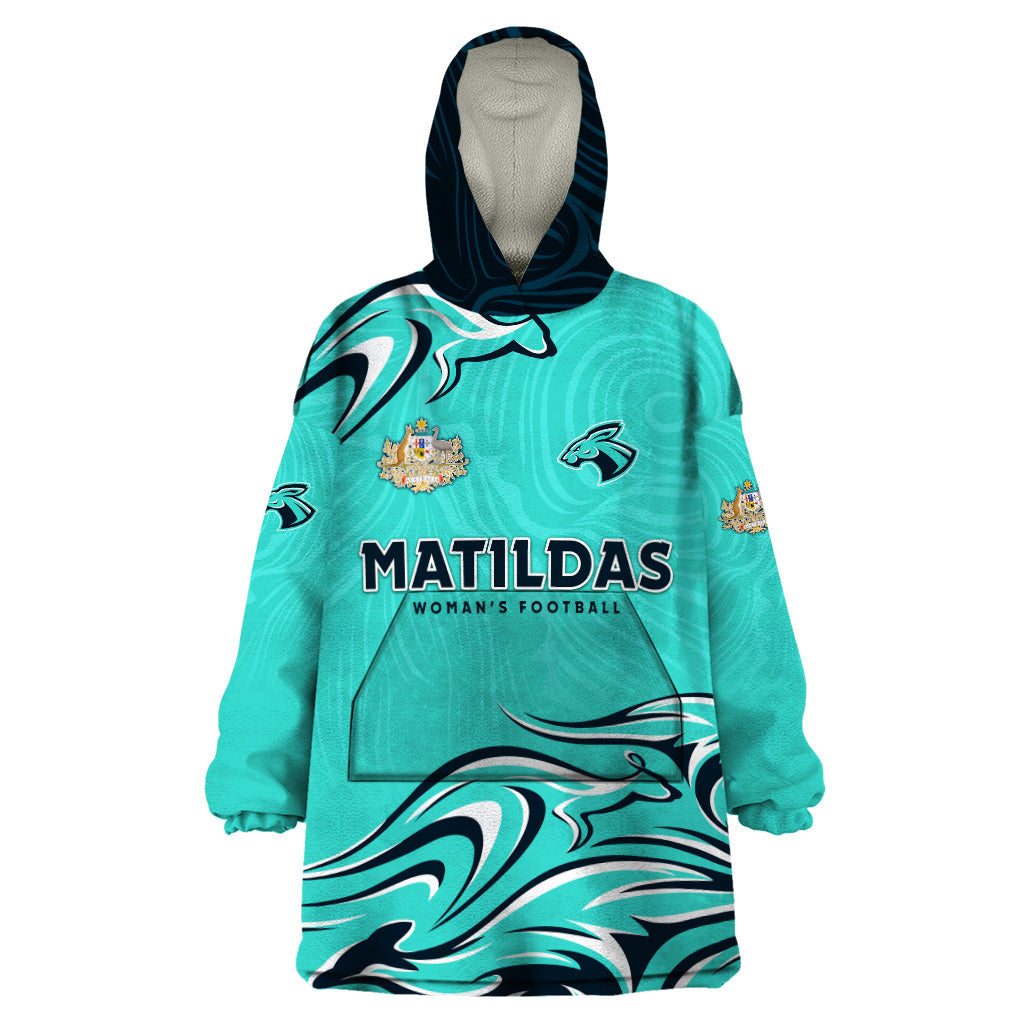 Personalised Australia Soccer Matildas Wearable Blanket Hoodie Kangaroo Tornado Turquoise - Vibe Hoodie Shop