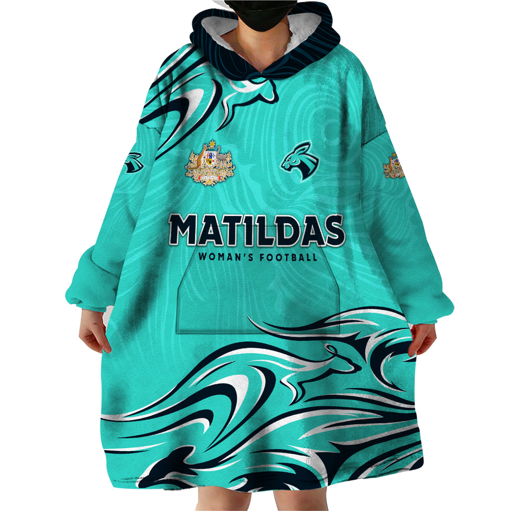 Personalised Australia Soccer Matildas Wearable Blanket Hoodie Kangaroo Tornado Turquoise - Vibe Hoodie Shop