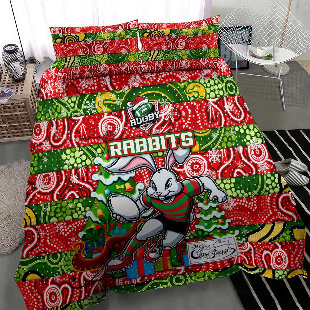 Rabbitohs Rugby Merry Christmas Bedding Set Indigenous Australian Art - Vibe Hoodie Shop