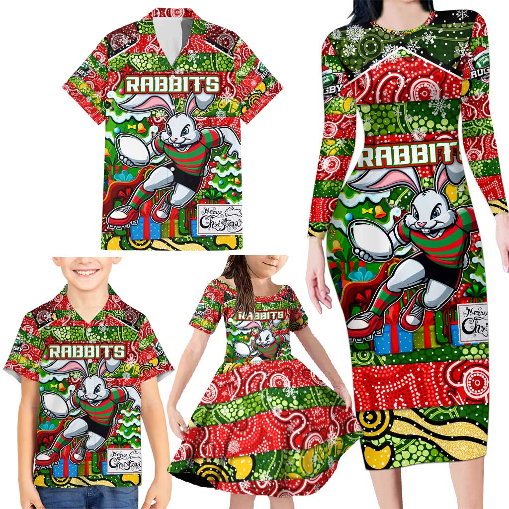 Custom Rabbitohs Rugby Merry Christmas Family Matching Long Sleeve Bodycon Dress and Hawaiian Shirt Indigenous Australian Art
