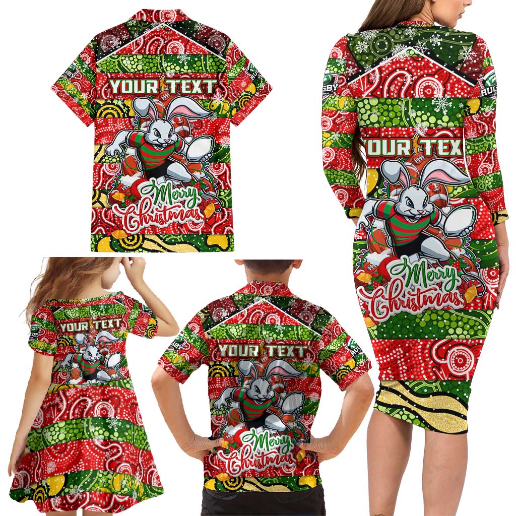 Custom Rabbitohs Rugby Merry Christmas Family Matching Long Sleeve Bodycon Dress and Hawaiian Shirt Indigenous Australian Art