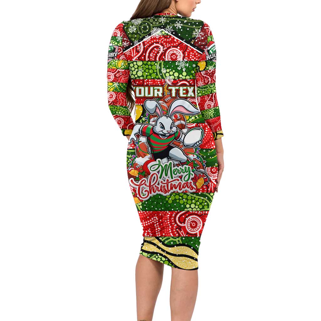 Custom Rabbitohs Rugby Merry Christmas Family Matching Long Sleeve Bodycon Dress and Hawaiian Shirt Indigenous Australian Art