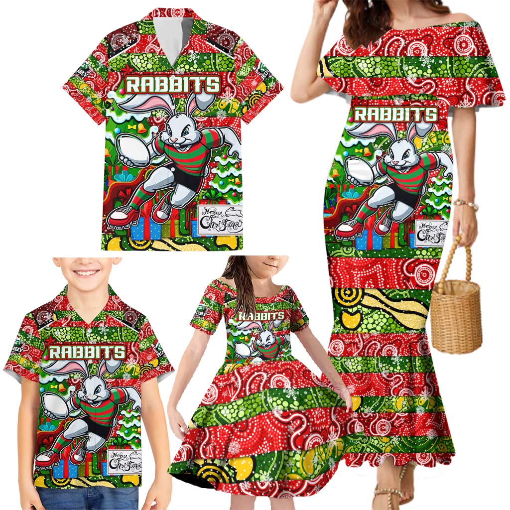 Custom Rabbitohs Rugby Merry Christmas Family Matching Mermaid Dress and Hawaiian Shirt Indigenous Australian Art