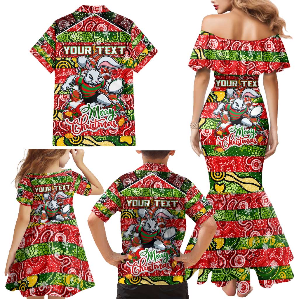 Custom Rabbitohs Rugby Merry Christmas Family Matching Mermaid Dress and Hawaiian Shirt Indigenous Australian Art