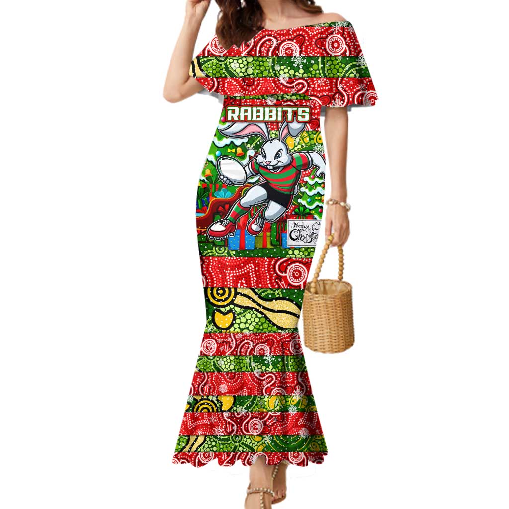 Custom Rabbitohs Rugby Merry Christmas Family Matching Mermaid Dress and Hawaiian Shirt Indigenous Australian Art