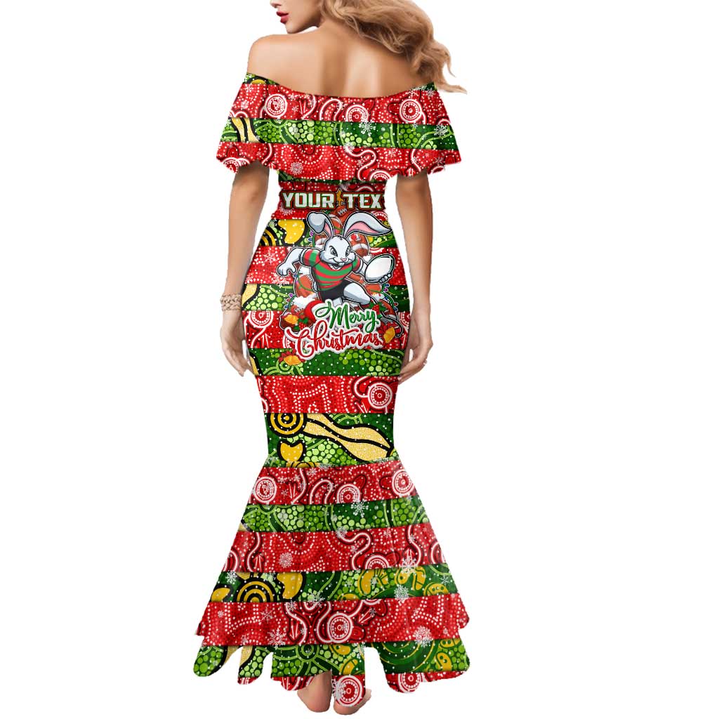 Custom Rabbitohs Rugby Merry Christmas Family Matching Mermaid Dress and Hawaiian Shirt Indigenous Australian Art