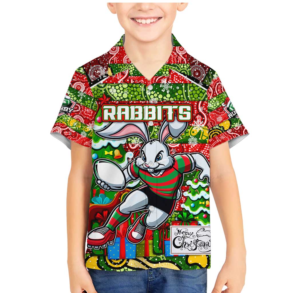 Custom Rabbitohs Rugby Merry Christmas Family Matching Mermaid Dress and Hawaiian Shirt Indigenous Australian Art