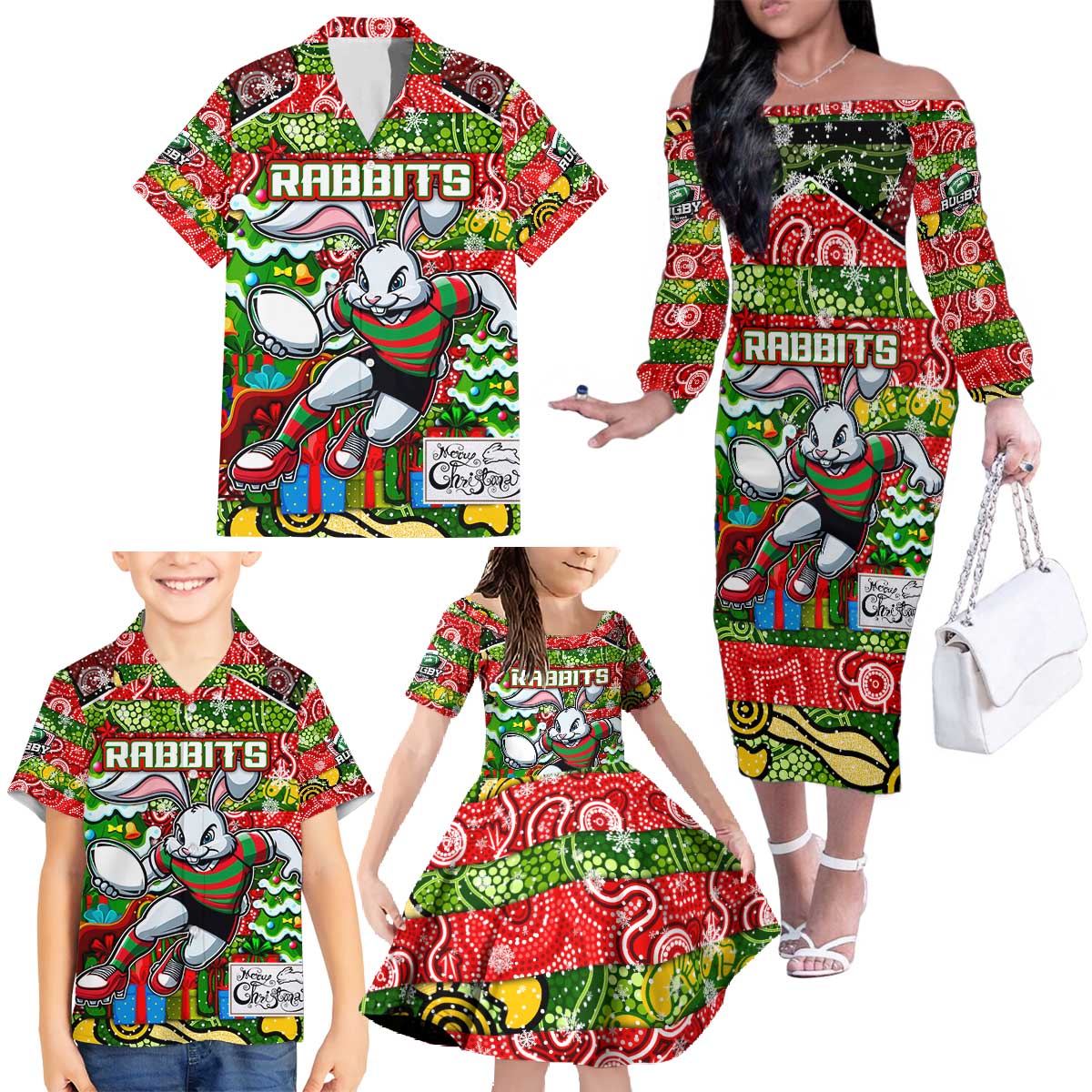 Custom Rabbitohs Rugby Merry Christmas Family Matching Off The Shoulder Long Sleeve Dress and Hawaiian Shirt Indigenous Australian Art