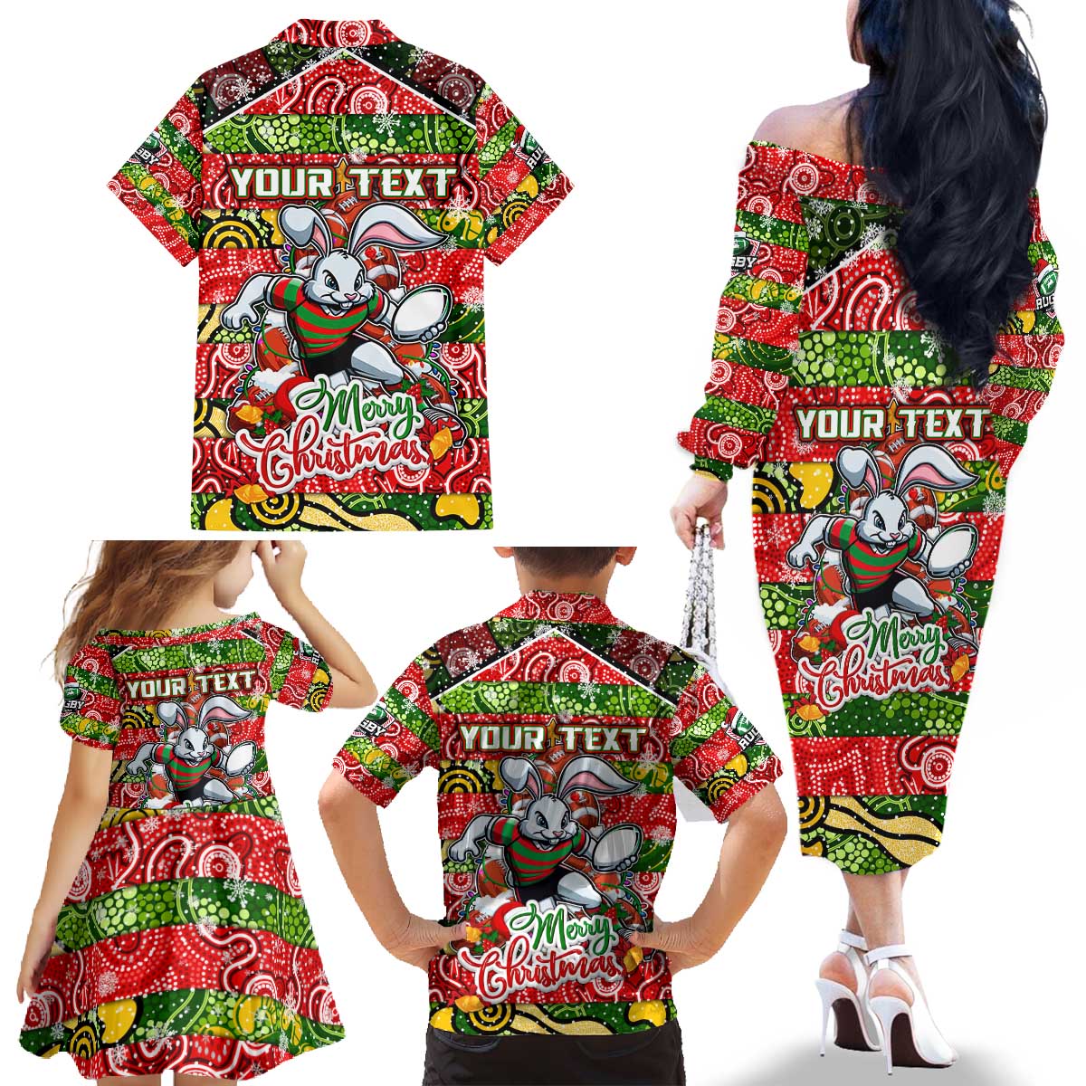 Custom Rabbitohs Rugby Merry Christmas Family Matching Off The Shoulder Long Sleeve Dress and Hawaiian Shirt Indigenous Australian Art
