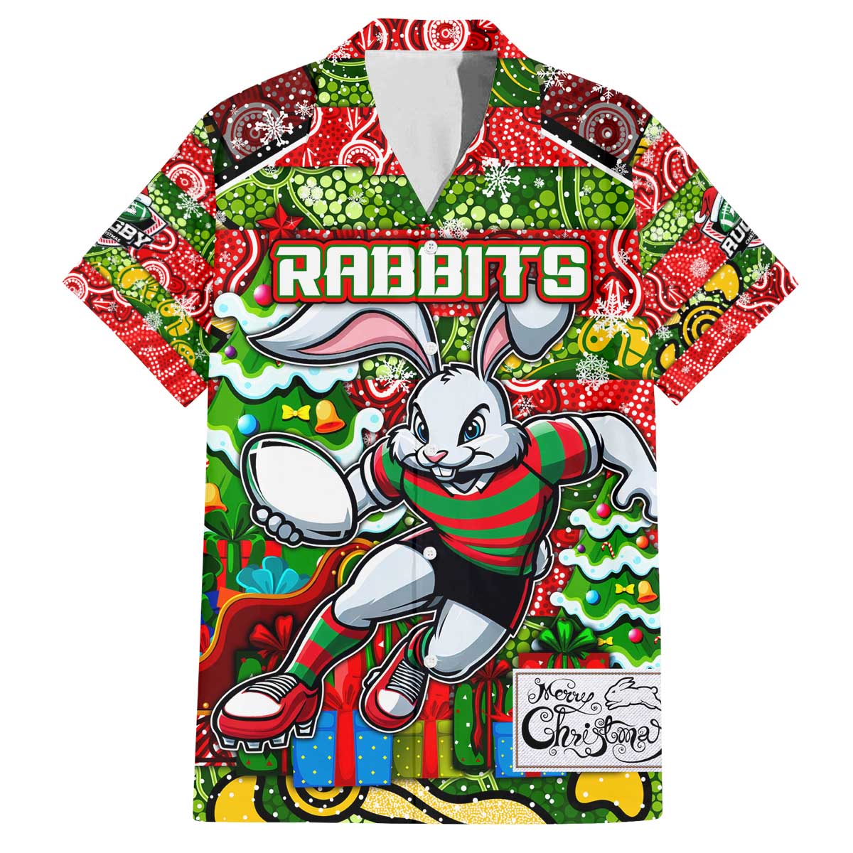 Custom Rabbitohs Rugby Merry Christmas Family Matching Off The Shoulder Long Sleeve Dress and Hawaiian Shirt Indigenous Australian Art