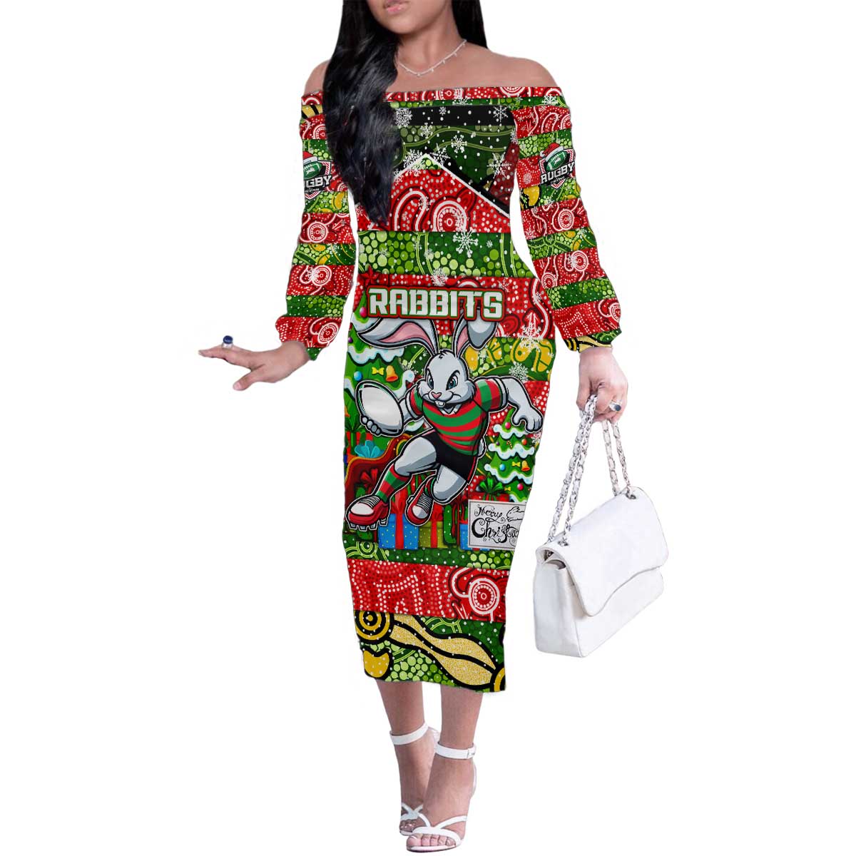 Custom Rabbitohs Rugby Merry Christmas Family Matching Off The Shoulder Long Sleeve Dress and Hawaiian Shirt Indigenous Australian Art