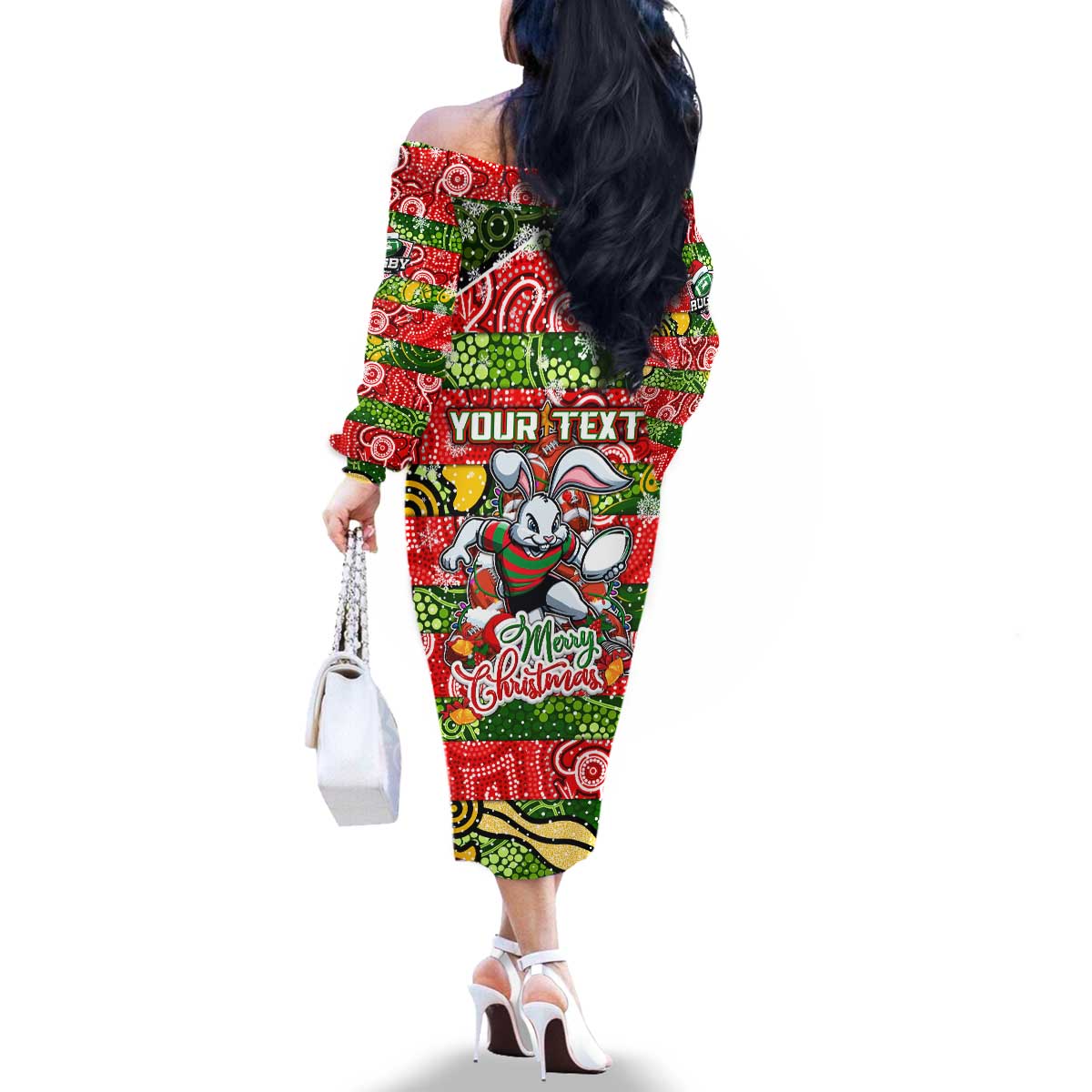 Custom Rabbitohs Rugby Merry Christmas Family Matching Off The Shoulder Long Sleeve Dress and Hawaiian Shirt Indigenous Australian Art