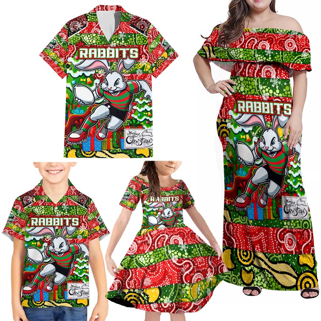 Custom Rabbitohs Rugby Merry Christmas Family Matching Off Shoulder Maxi Dress and Hawaiian Shirt Indigenous Australian Art