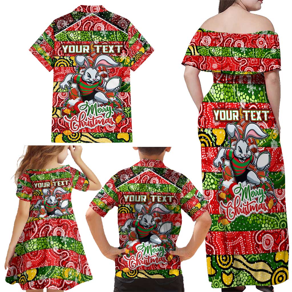 Custom Rabbitohs Rugby Merry Christmas Family Matching Off Shoulder Maxi Dress and Hawaiian Shirt Indigenous Australian Art