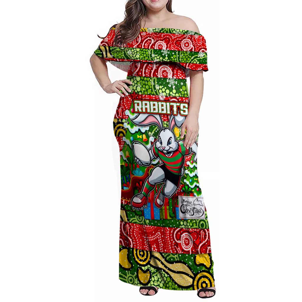 Custom Rabbitohs Rugby Merry Christmas Family Matching Off Shoulder Maxi Dress and Hawaiian Shirt Indigenous Australian Art