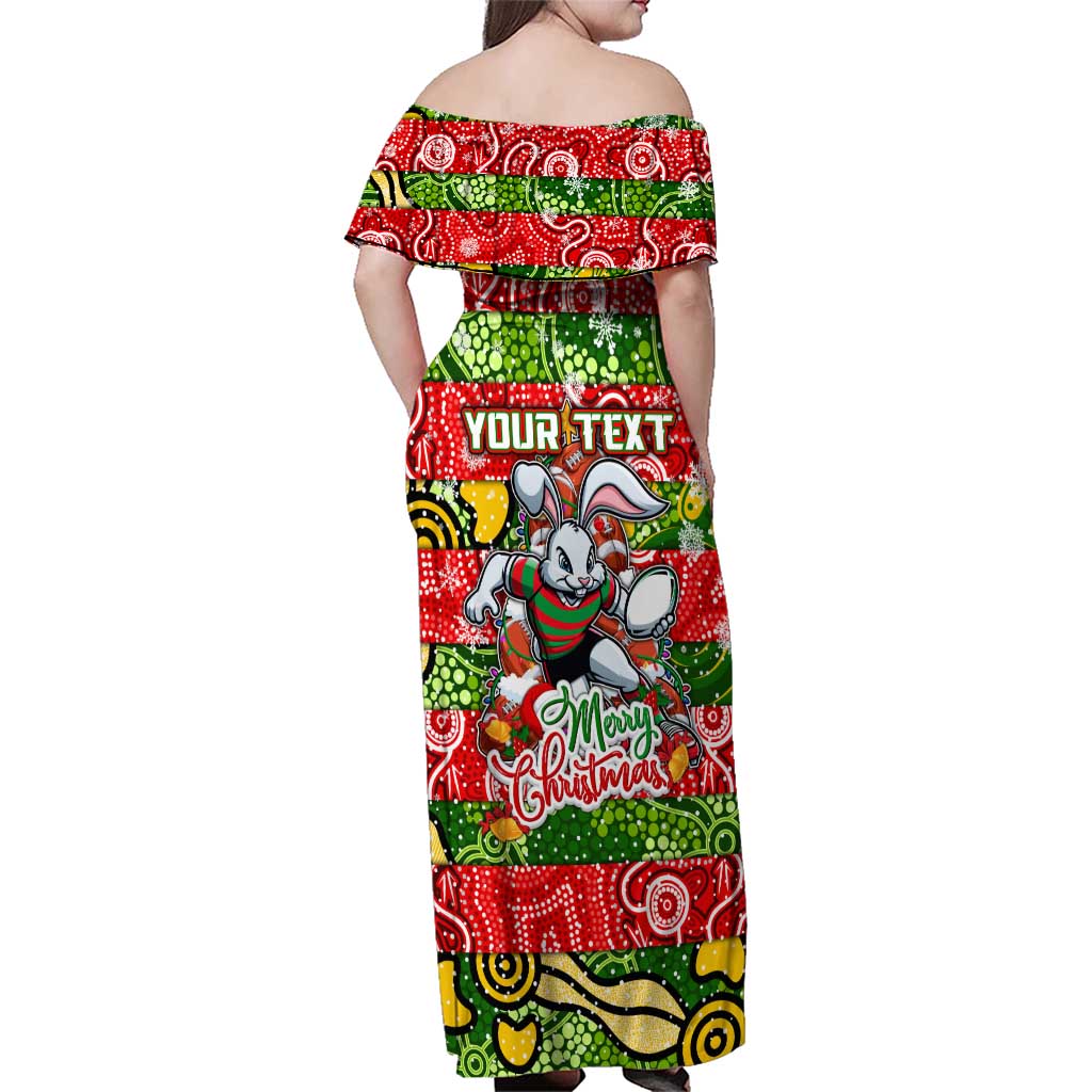 Custom Rabbitohs Rugby Merry Christmas Family Matching Off Shoulder Maxi Dress and Hawaiian Shirt Indigenous Australian Art