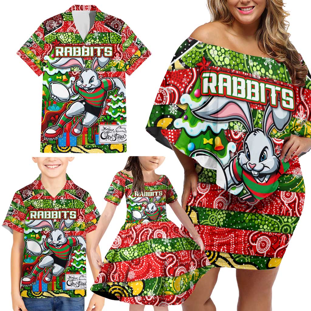 Custom Rabbitohs Rugby Merry Christmas Family Matching Off Shoulder Short Dress and Hawaiian Shirt Indigenous Australian Art