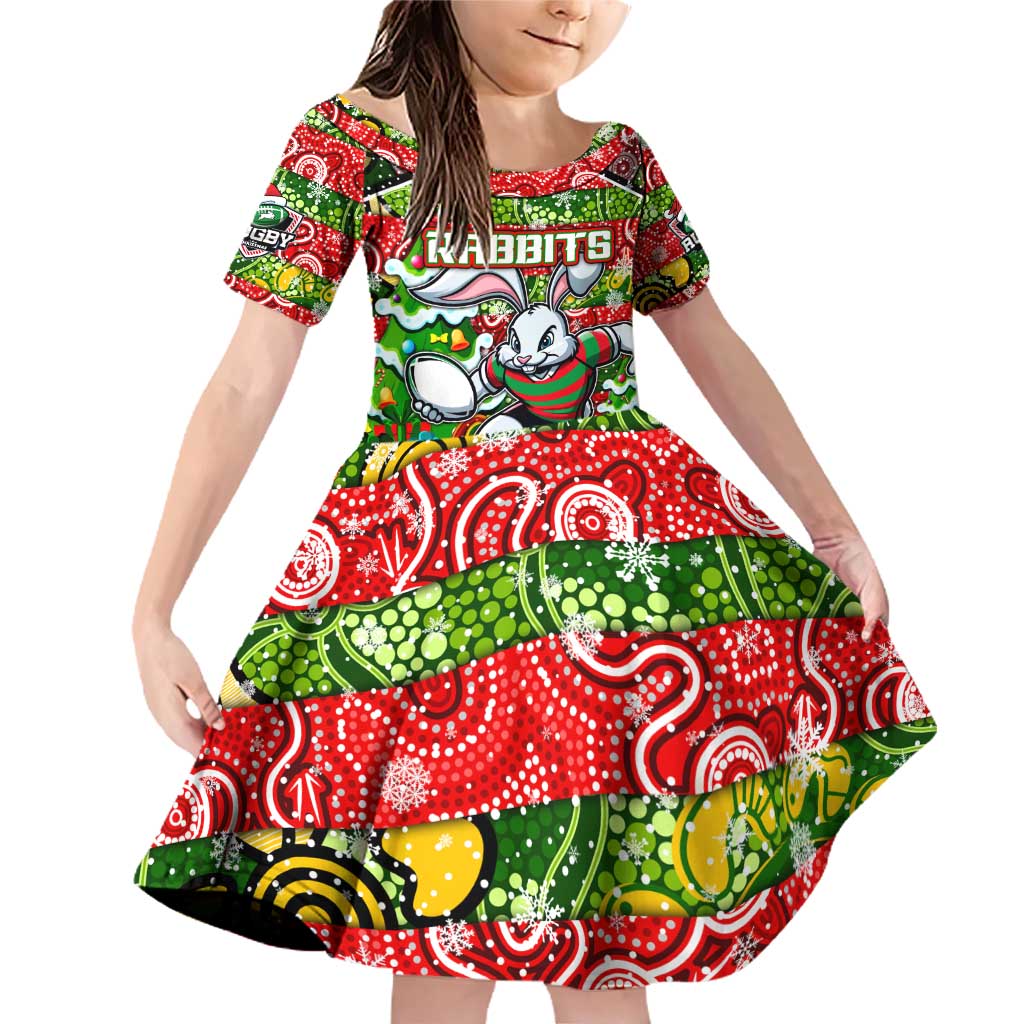 Custom Rabbitohs Rugby Merry Christmas Family Matching Off Shoulder Short Dress and Hawaiian Shirt Indigenous Australian Art