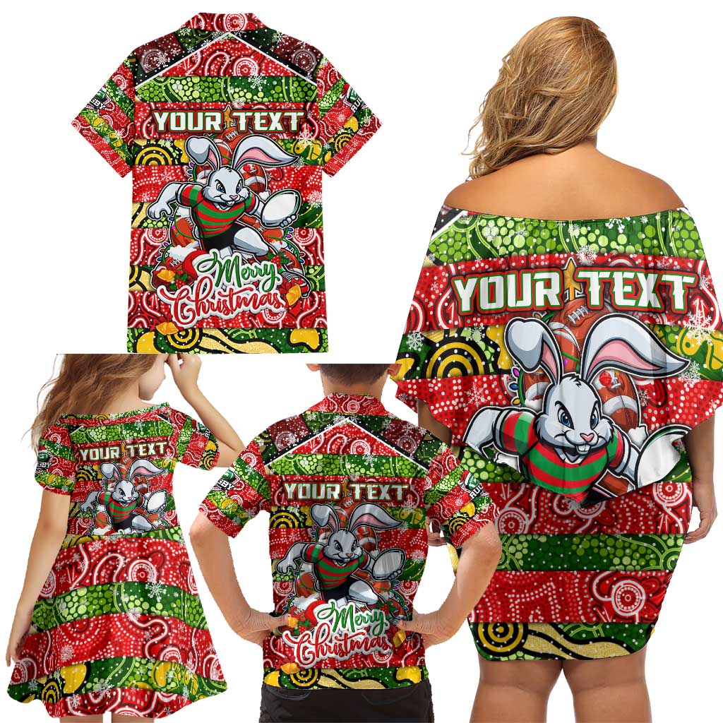 Custom Rabbitohs Rugby Merry Christmas Family Matching Off Shoulder Short Dress and Hawaiian Shirt Indigenous Australian Art