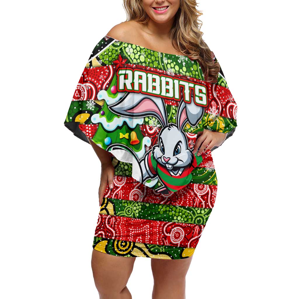 Custom Rabbitohs Rugby Merry Christmas Family Matching Off Shoulder Short Dress and Hawaiian Shirt Indigenous Australian Art